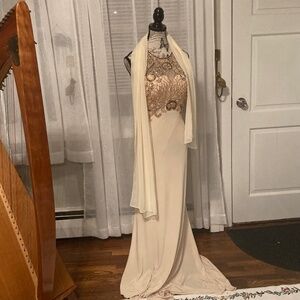 Gold, Bronze and Cream High Collar Art Deco Floor Length Wedding or Prom Dress